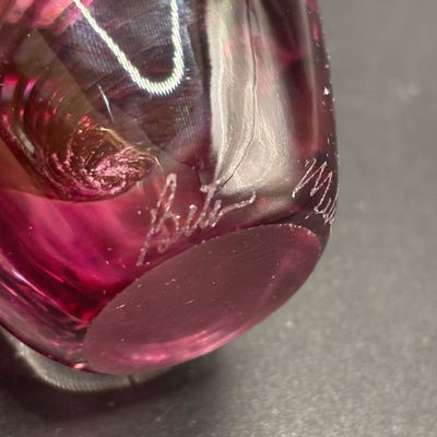 LOT102: Artisan Signed Cranberry Swirl Art Glass Perfume Bottle