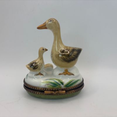 LOT 76: Vintage Limoges Trinket Boxes: Gourmet Chocolate Bar & Mother Duck w/Duckling