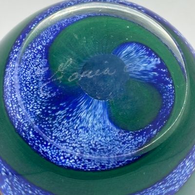 LOT 63: Green & Blue Swirl Artist Signed Art Glass Paperweight