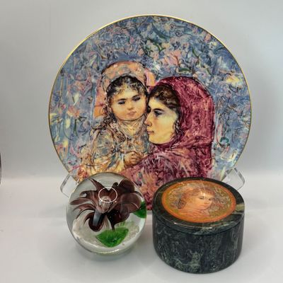 LOT 94: Badash Flower Paperweight, Royal Dalton "Lucia and Child" Collectors Plate & Vintage Edna Hibel Style Marble...