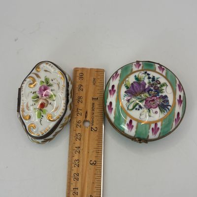 LOT 80: Vintage Limoges Trinket Boxes: Floral Footed & Green Stripe Floral