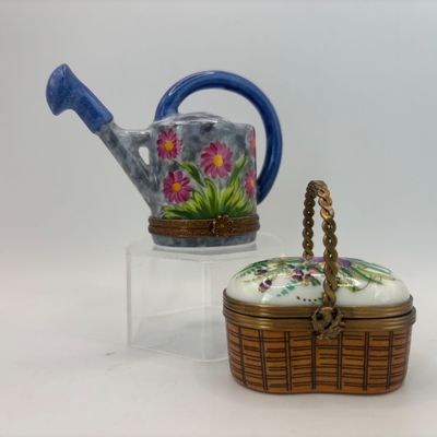 LOT 79: Vintage Limoges Trinket Boxes: Watering Can & Flower Basket