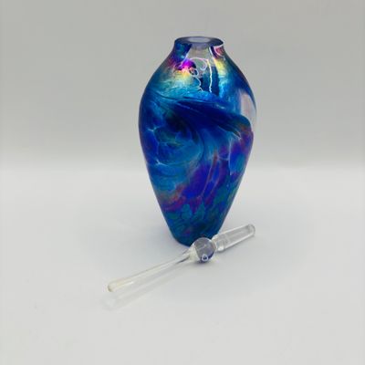 LOT 105: Vintage Art Glass Perfume Bottles: Iridescent Blue & Blue Swirl - unsigned