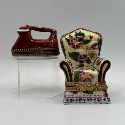 LOT 75: Vintage Limoges Trinket Boxes: Floral Tapestry Armchair & Iron