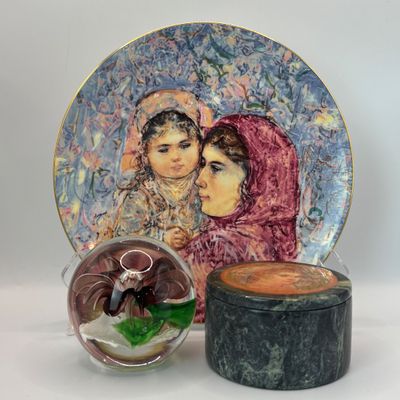 LOT 94: Badash Flower Paperweight, Royal Dalton "Lucia and Child" Collectors Plate & Vintage Edna Hibel Style Marble...