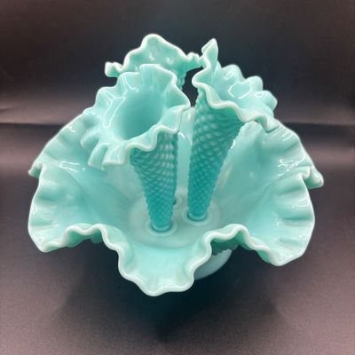 LOT 60: Fenton Turquoise Hobnail 3-Horn Epergne Vase/Bowl