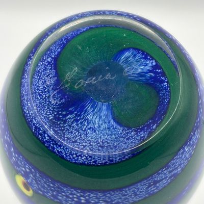 LOT 63: Green & Blue Swirl Artist Signed Art Glass Paperweight