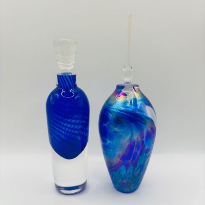 LOT 105: Vintage Art Glass Perfume Bottles: Iridescent Blue & Blue Swirl - unsigned