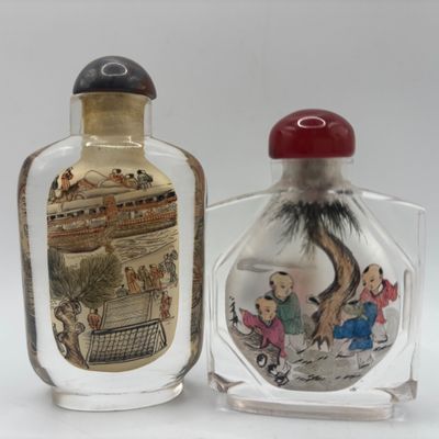 LOT 69: Vintage Chinese Reverse/Inside Painted Snuff Bottles w/Agate Tops