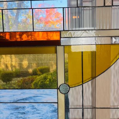 LOT 107: Abstract Geometric Stained-Glass Panel
