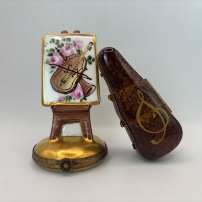 LOT 88: Vintage Limoges Trinket Boxes: Violin Painting & Violin Case (Violin is Broken as Shown)