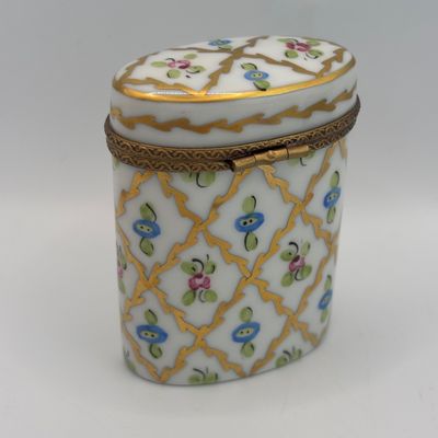 LOT 87: Vintage Limoges Trinket Boxes: Blue & Gold Floral along w/ Diamond Trellis Pattern