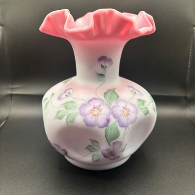 LOT 58: Fenton Floral Satin Vase, Signed by Artist