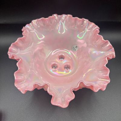 LOT 57: Fenton Pink Opalescent Hobnail 3-Horn Epergne Rosalene Vase/Bowl