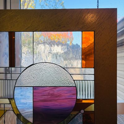 LOT 107: Abstract Geometric Stained-Glass Panel