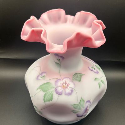 LOT 58: Fenton Floral Satin Vase, Signed by Artist