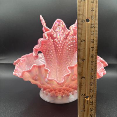 LOT 57: Fenton Pink Opalescent Hobnail 3-Horn Epergne Rosalene Vase/Bowl
