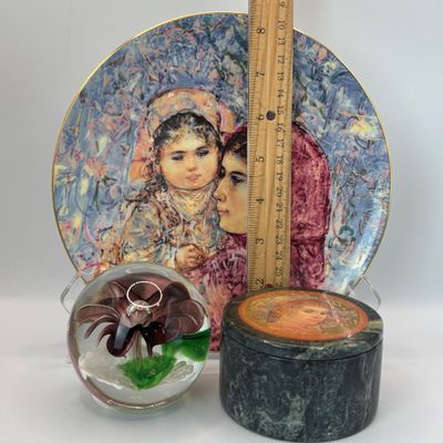 LOT 94: Badash Flower Paperweight, Royal Dalton "Lucia and Child" Collectors Plate & Vintage Edna Hibel Style Marble...