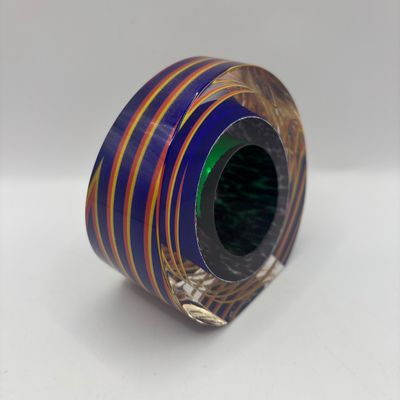 LOT 61: Blue, Red, Yellow Swirled Linear Pattern Art Glass Signed Paperweight