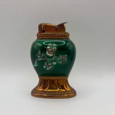 LOT 67: Vintage Floral Chinoiserie Style Geen Enamel & Gold Tone Table Lighter, Brass Manneken Pis Souvenir Ashtray & Peacock...
