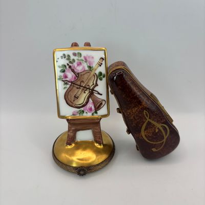 LOT 88: Vintage Limoges Trinket Boxes: Violin Painting & Violin Case (Violin is Broken as Shown)