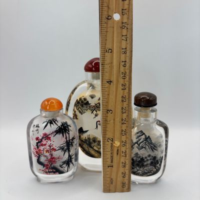 LOT 93: Vintage Chinese Reverse/Inside Painted Snuff Bottles w/Agate Tops