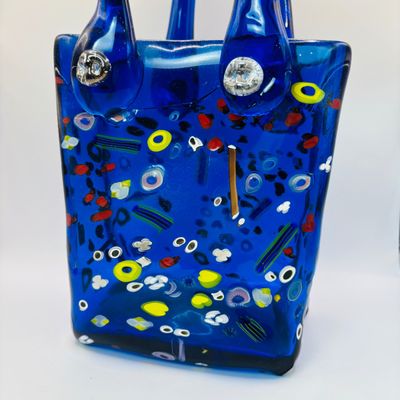 LOT 108: Cobalt Blue Art Glass Purse-Signed Wayne Miyah Glass Studio