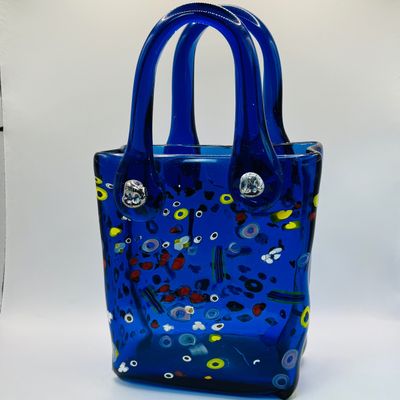 LOT 108: Cobalt Blue Art Glass Purse-Signed Wayne Miyah Glass Studio