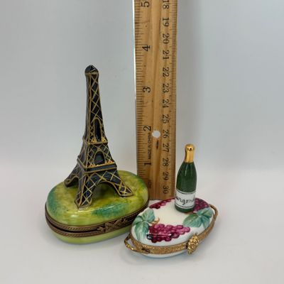 LOT 81: Vintage Limoges Trinket Boxes: Eiffel Tower & A Bottle of Burgundy (missing is the wine glass)