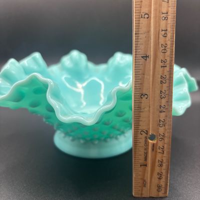 LOT 60: Fenton Turquoise Hobnail 3-Horn Epergne Vase/Bowl