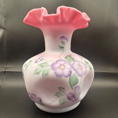 LOT 58: Fenton Floral Satin Vase, Signed by Artist