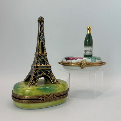 LOT 81: Vintage Limoges Trinket Boxes: Eiffel Tower & A Bottle of Burgundy (missing is the wine glass)