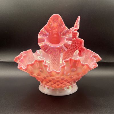 LOT 57: Fenton Pink Opalescent Hobnail 3-Horn Epergne Rosalene Vase/Bowl
