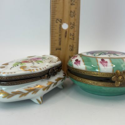 LOT 80: Vintage Limoges Trinket Boxes: Floral Footed & Green Stripe Floral