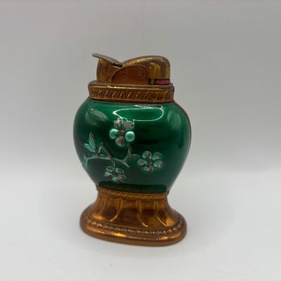 LOT 67: Vintage Floral Chinoiserie Style Geen Enamel & Gold Tone Table Lighter, Brass Manneken Pis Souvenir Ashtray & Peacock...