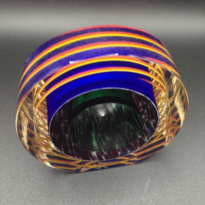 LOT 61: Blue, Red, Yellow Swirled Linear Pattern Art Glass Signed Paperweight