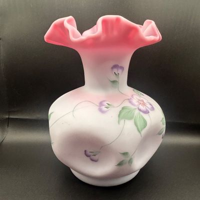 LOT 58: Fenton Floral Satin Vase, Signed by Artist