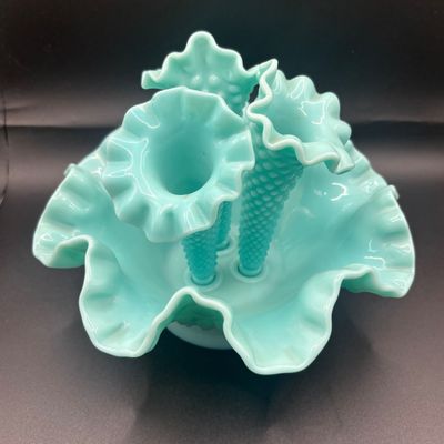 LOT 60: Fenton Turquoise Hobnail 3-Horn Epergne Vase/Bowl