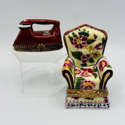 LOT 75: Vintage Limoges Trinket Boxes: Floral Tapestry Armchair & Iron