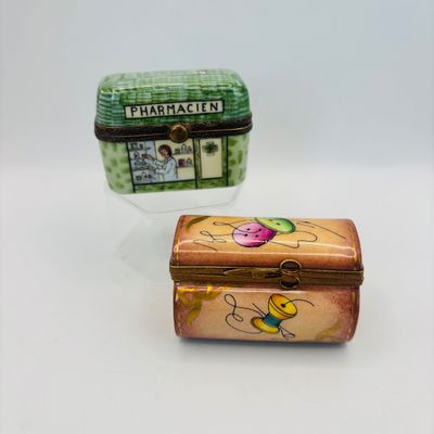 LOT 77: Vintage Limoges Trinket Boxes: Sewing Box & Pharmacien