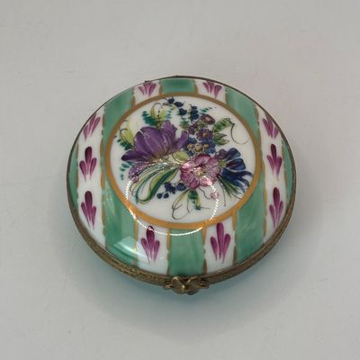 LOT 80: Vintage Limoges Trinket Boxes: Floral Footed & Green Stripe Floral