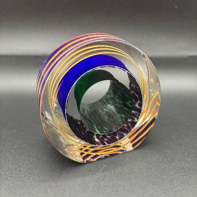 LOT 61: Blue, Red, Yellow Swirled Linear Pattern Art Glass Signed Paperweight
