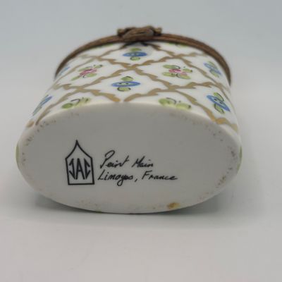 LOT 87: Vintage Limoges Trinket Boxes: Blue & Gold Floral along w/ Diamond Trellis Pattern