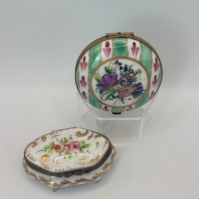 LOT 80: Vintage Limoges Trinket Boxes: Floral Footed & Green Stripe Floral