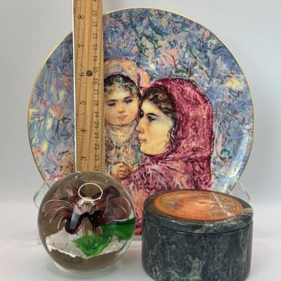 LOT 94: Badash Flower Paperweight, Royal Dalton "Lucia and Child" Collectors Plate & Vintage Edna Hibel Style Marble...