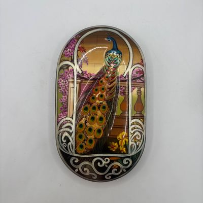 LOT 67: Vintage Floral Chinoiserie Style Geen Enamel & Gold Tone Table Lighter, Brass Manneken Pis Souvenir Ashtray & Peacock...