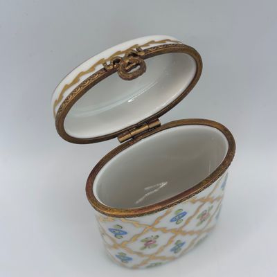 LOT 87: Vintage Limoges Trinket Boxes: Blue & Gold Floral along w/ Diamond Trellis Pattern