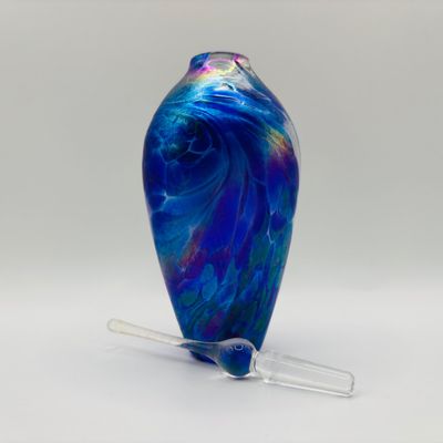 LOT 105: Vintage Art Glass Perfume Bottles: Iridescent Blue & Blue Swirl - unsigned