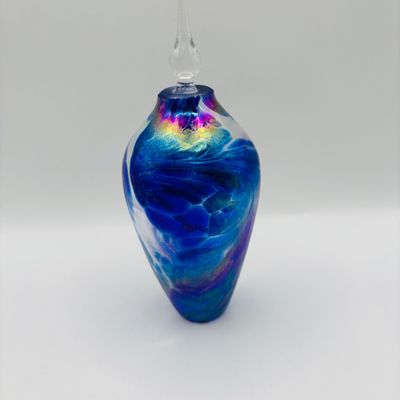 LOT 105: Vintage Art Glass Perfume Bottles: Iridescent Blue & Blue Swirl - unsigned