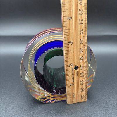 LOT 61: Blue, Red, Yellow Swirled Linear Pattern Art Glass Signed Paperweight